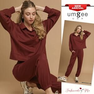 Umgee Collared Neck Long Sleeves Raw Hem Details Side Slit Sweatshirt | Mahogany
